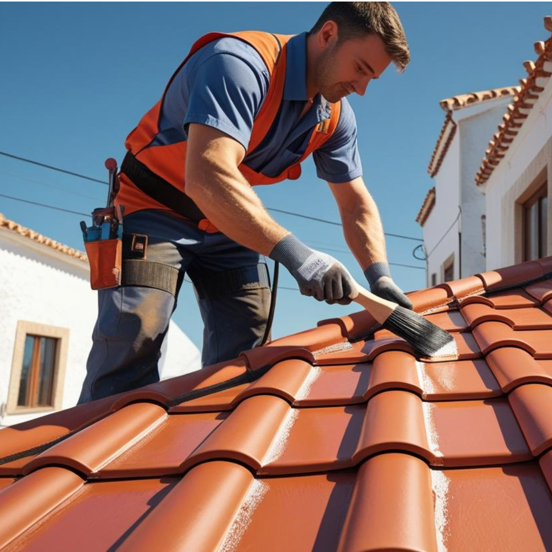 gerar imagem de profissional fazendo impermeabilização de telhado conforme pratica em portugal, imagem com 1080 x 1080 pixel